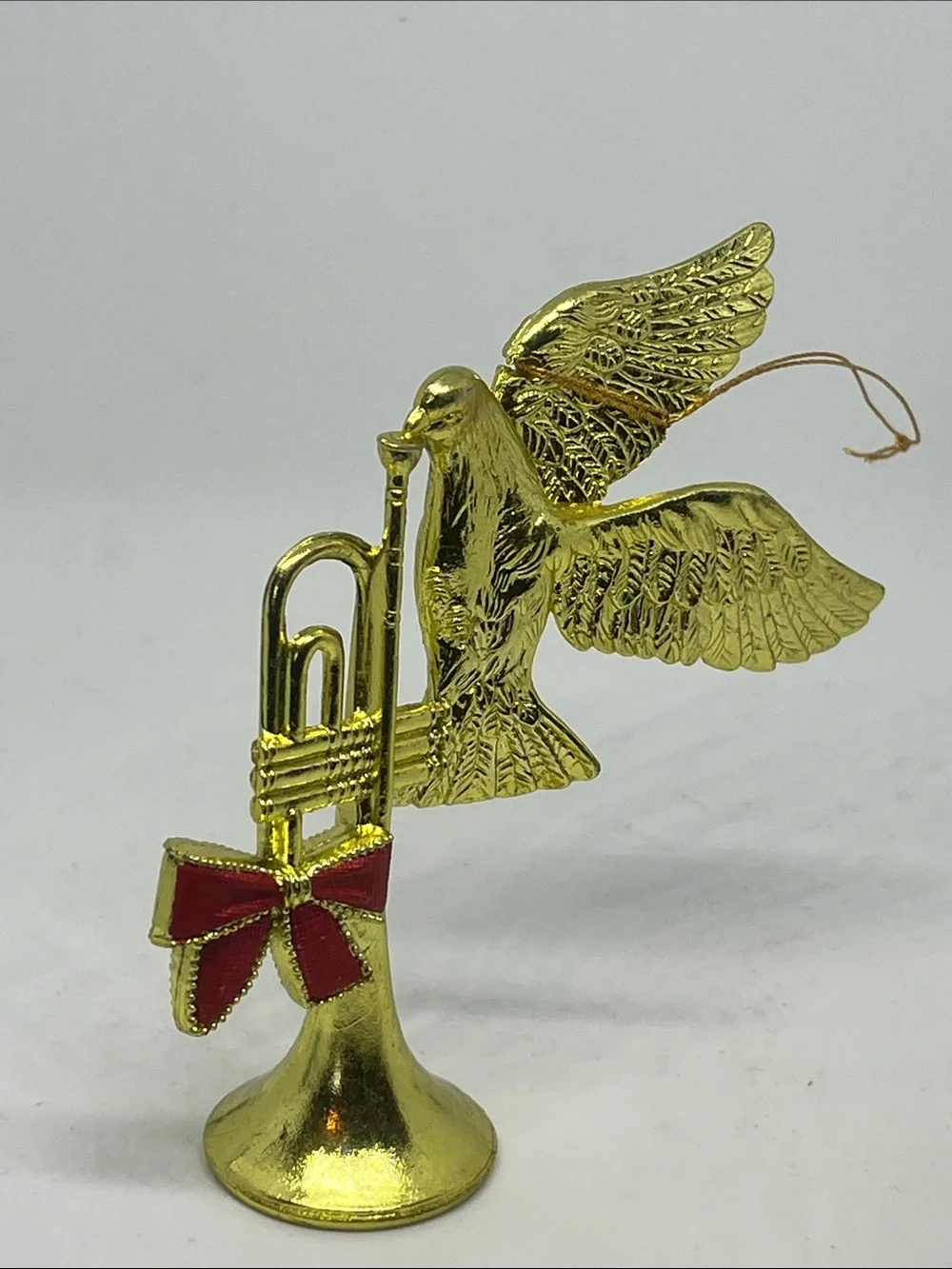 Vintage Gold Flying Dove with Trumpet Holiday Ornament with Red Bow